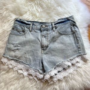 Free People Light Blue Jean Shorts with White Lace Trim